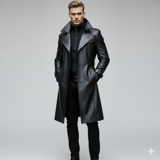 Men's onyx black leather field coat with a vertical zippered chest pocket and buckled wrist straps.
