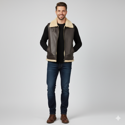 Full-length image of a man wearing a dark brown leather vest over a white short-sleeve shirt and dark jeans.