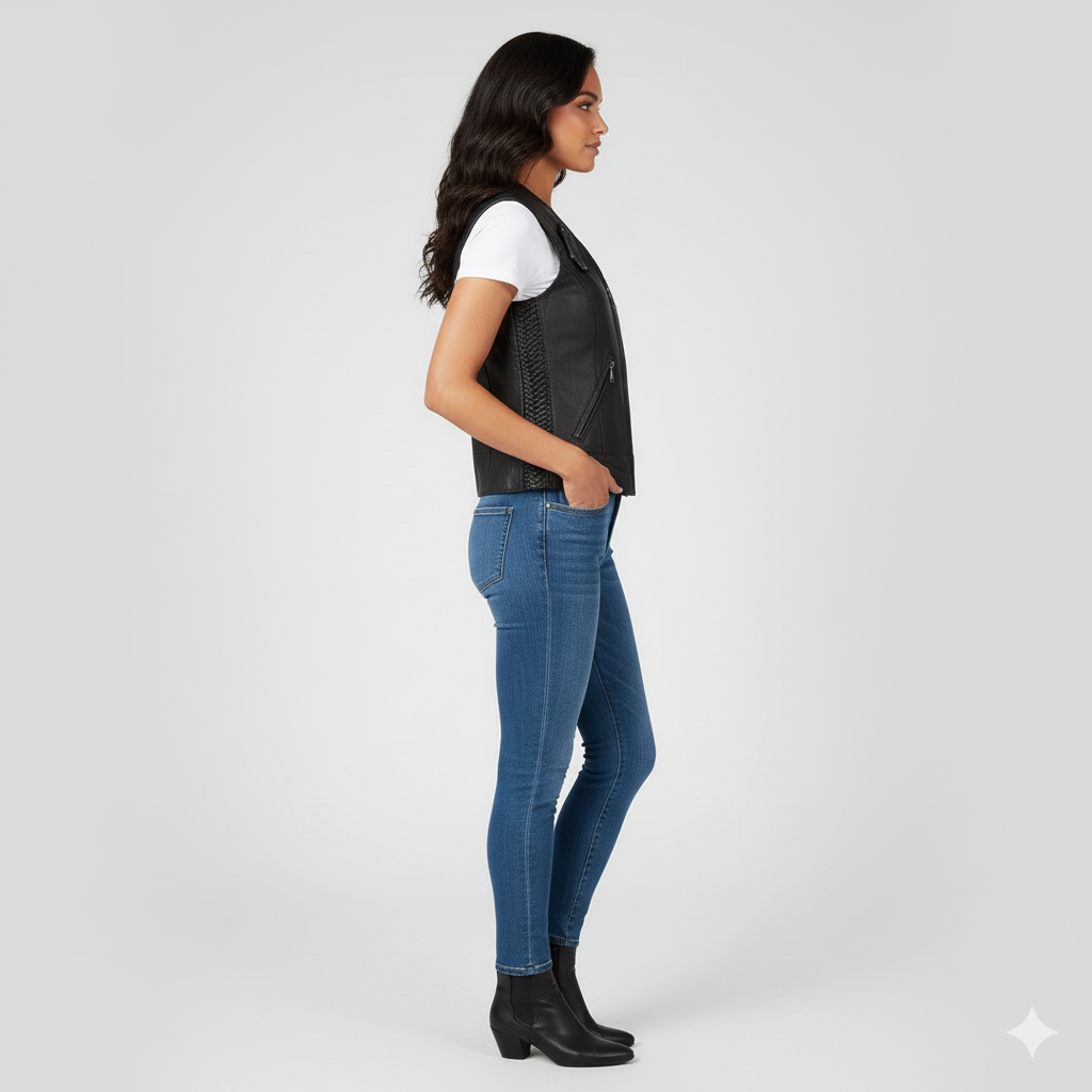 Classic black sleeveless vest with a full zipper closure and side lacing ties for an adjustable, fitted look.