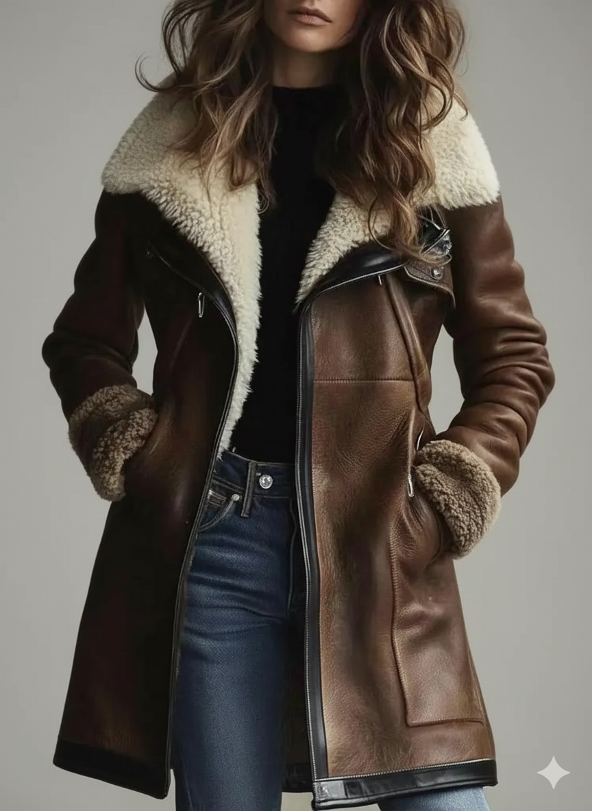 Women's brown leather coat with a cream shearling collar and zip-front closure.