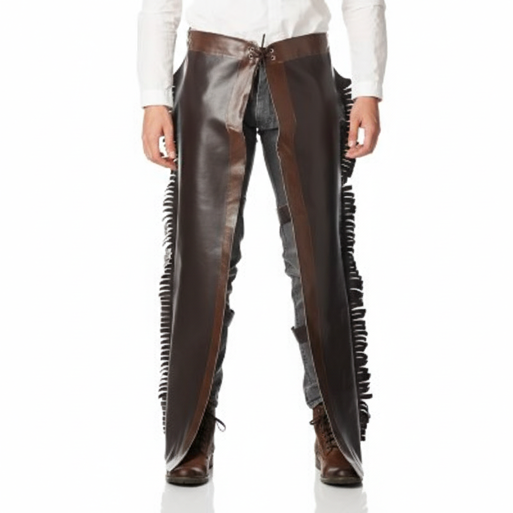 Men's mahogany and walnut dual-tone leather western chaps with lace-up waist and side fringe.