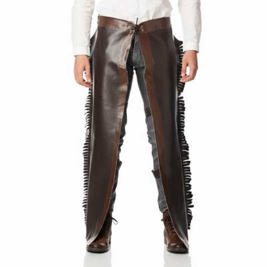 Men's mahogany and walnut dual-tone leather western chaps with lace-up waist and side fringe.