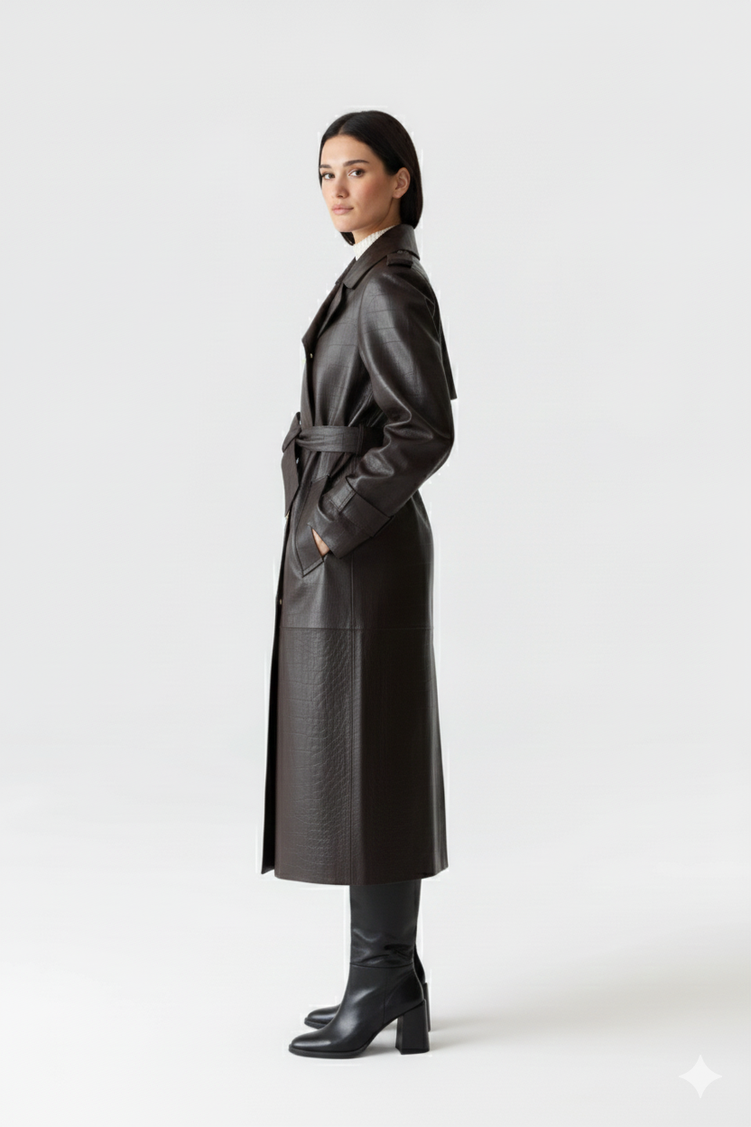 Model wearing a sophisticated dark brown belted trench coat styled with black high-heeled boots.
