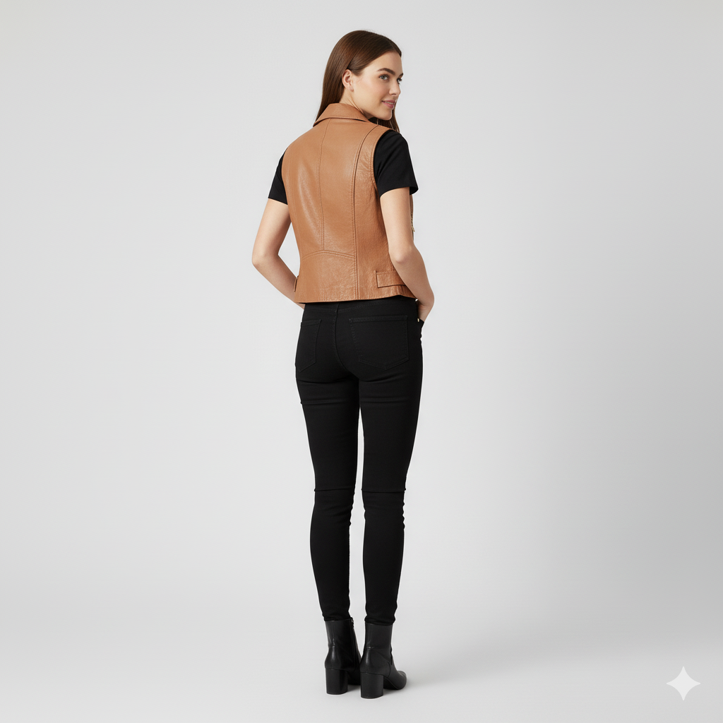 Close-up of the cognac vest showing the shiny finish and classic asymmetrical biker lapels and collar.