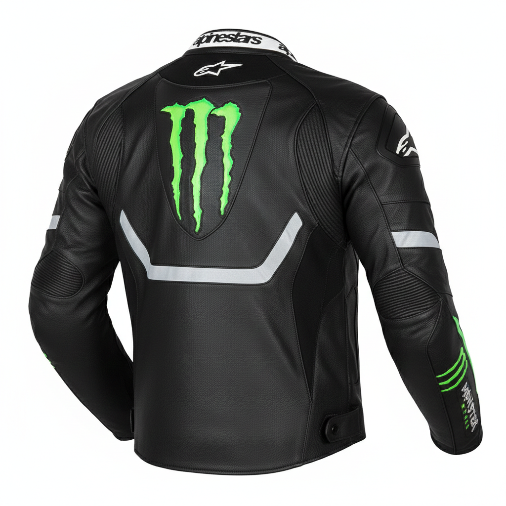 Detailed view of the neon green Kawasaki graphics, external hard-shell shoulder sliders, and professional leather construction.