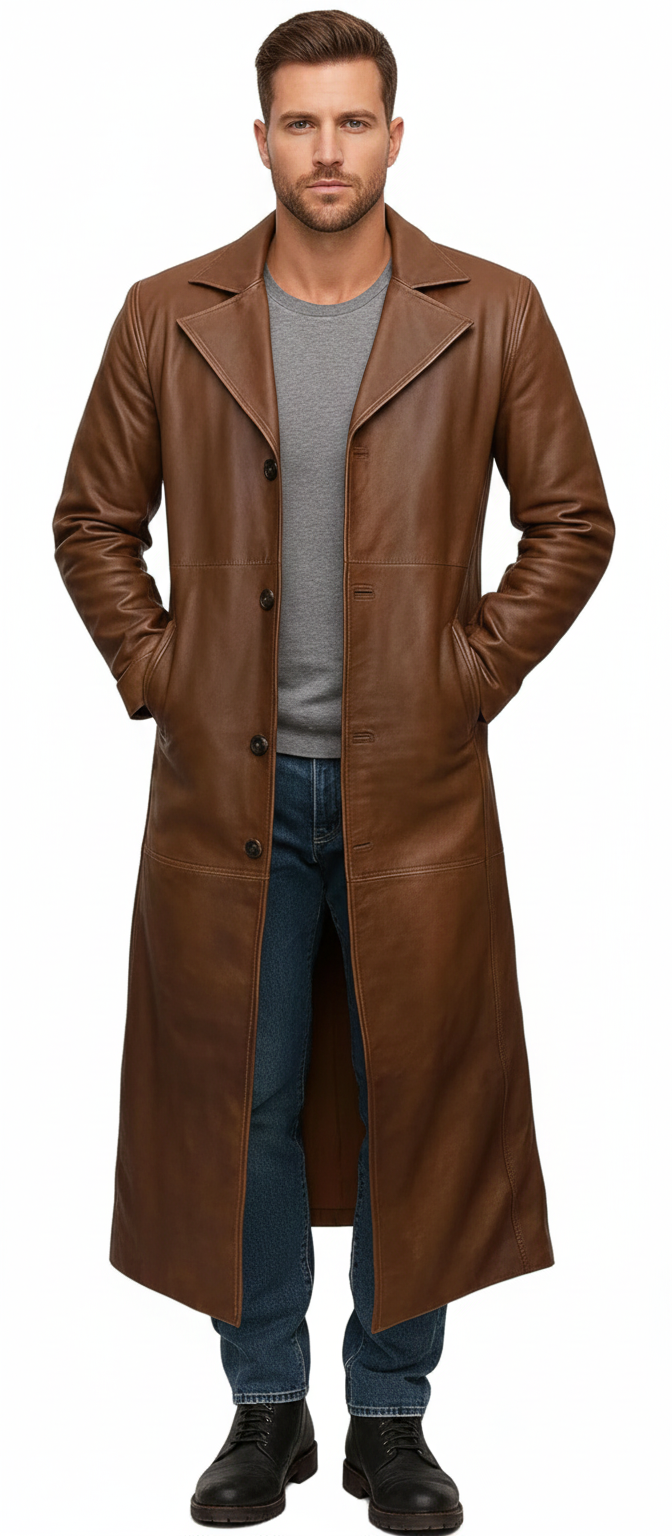 Longline brown leather duster coat for men featuring wide notch lapels and deep inset side pockets.