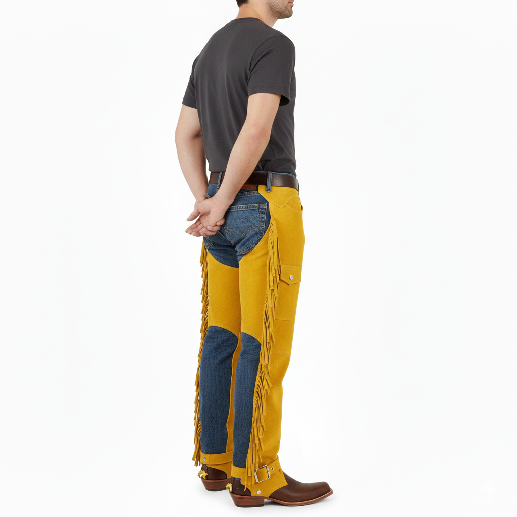 Male model wearing bright yellow suede protective fringe chaps over blue jeans for a modern western look.