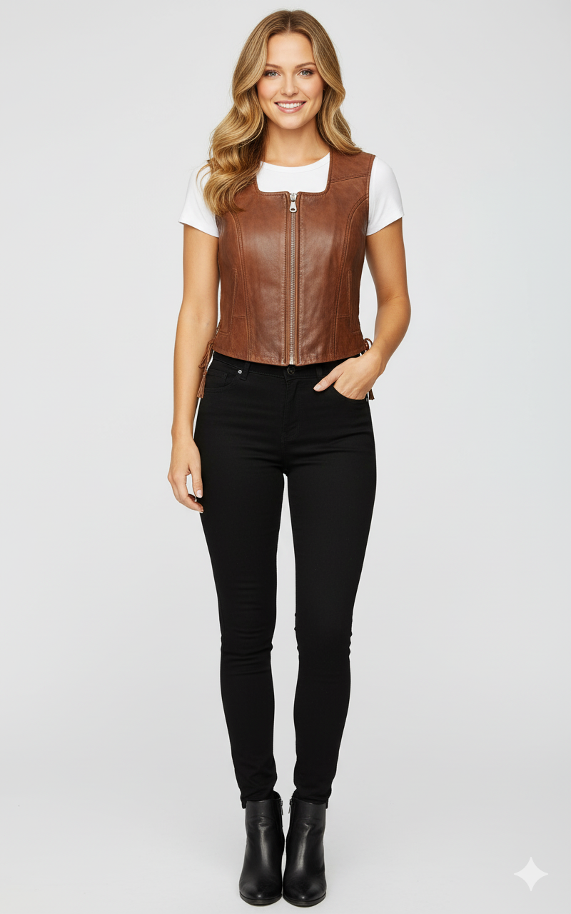Women's cropped cognac brown leather vest with a front zipper and side lacing details."