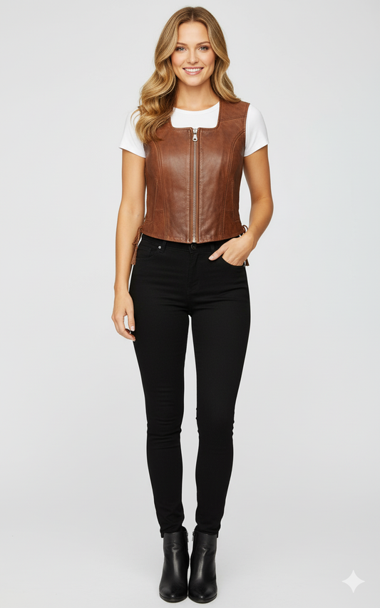 Women's cropped cognac brown leather vest with a front zipper and side lacing details."