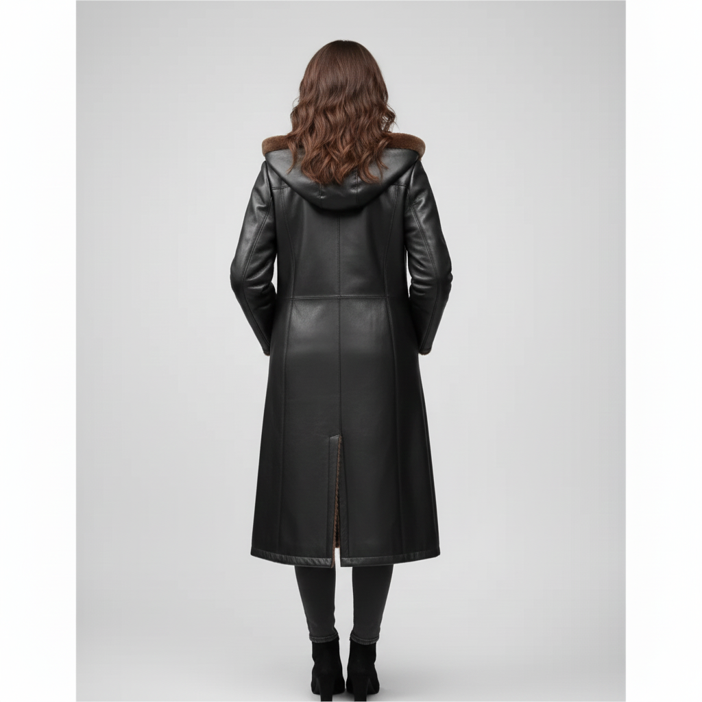 Close-up of the contrast between smooth black leather and soft brown shearling lining on a luxury women's parka.