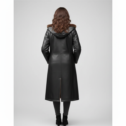 Close-up of the contrast between smooth black leather and soft brown shearling lining on a luxury women's parka.