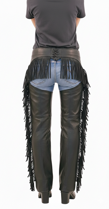 Side view of professional black leather riding chaps featuring hand-cut fringe and a reinforced hip pocket