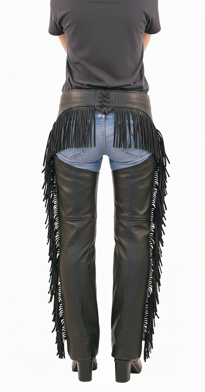 Side view of professional black leather riding chaps featuring hand-cut fringe and a reinforced hip pocket