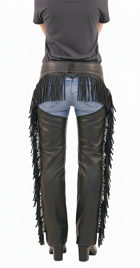 Side view of professional black leather riding chaps featuring hand-cut fringe and a reinforced hip pocket