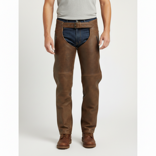 Men's espresso brown smooth leather performance riding chaps with side zippers and an adjustable buckled belt.