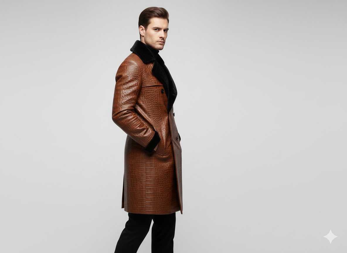 Male model wearing a luxury mahogany textured leather trench coat.
