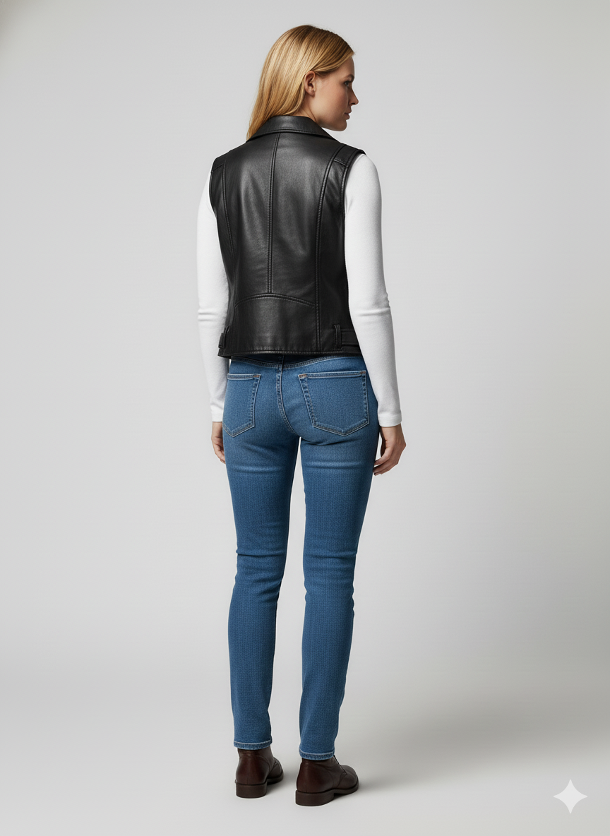 Sleeveless black leather motorcycle jacket with bright silver hardware and a functional waist belt.