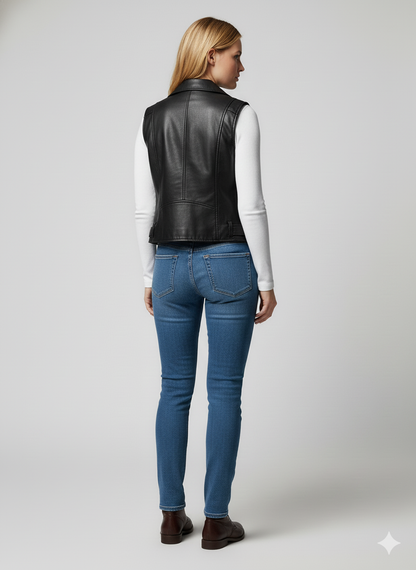 Sleeveless black leather motorcycle jacket with bright silver hardware and a functional waist belt.