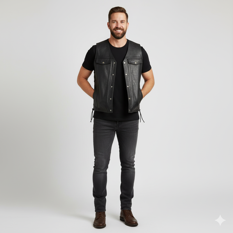 Full-length photo of a man wearing a black leather vest with side laces over a black t-shirt and dark grey jeans.