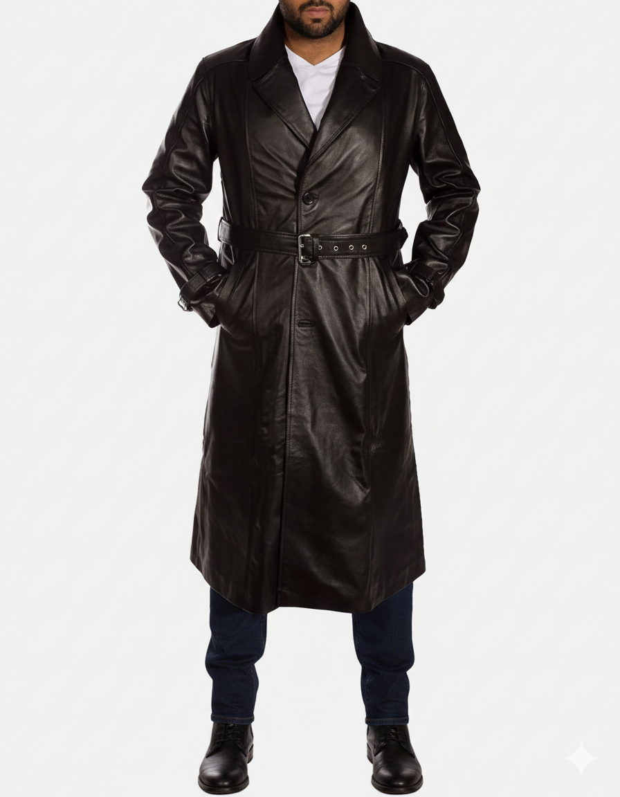 Men's onyx black leather full-length trench coat with a double-breasted button front and buckled waist belt.