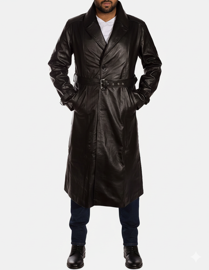 Men's onyx black leather full-length trench coat with a double-breasted button front and buckled waist belt.