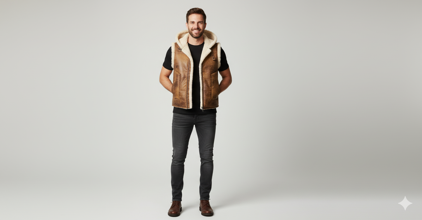 Men's hooded shearling vest in distressed brown leather with cream-colored exposed fur trim and a front zipper.