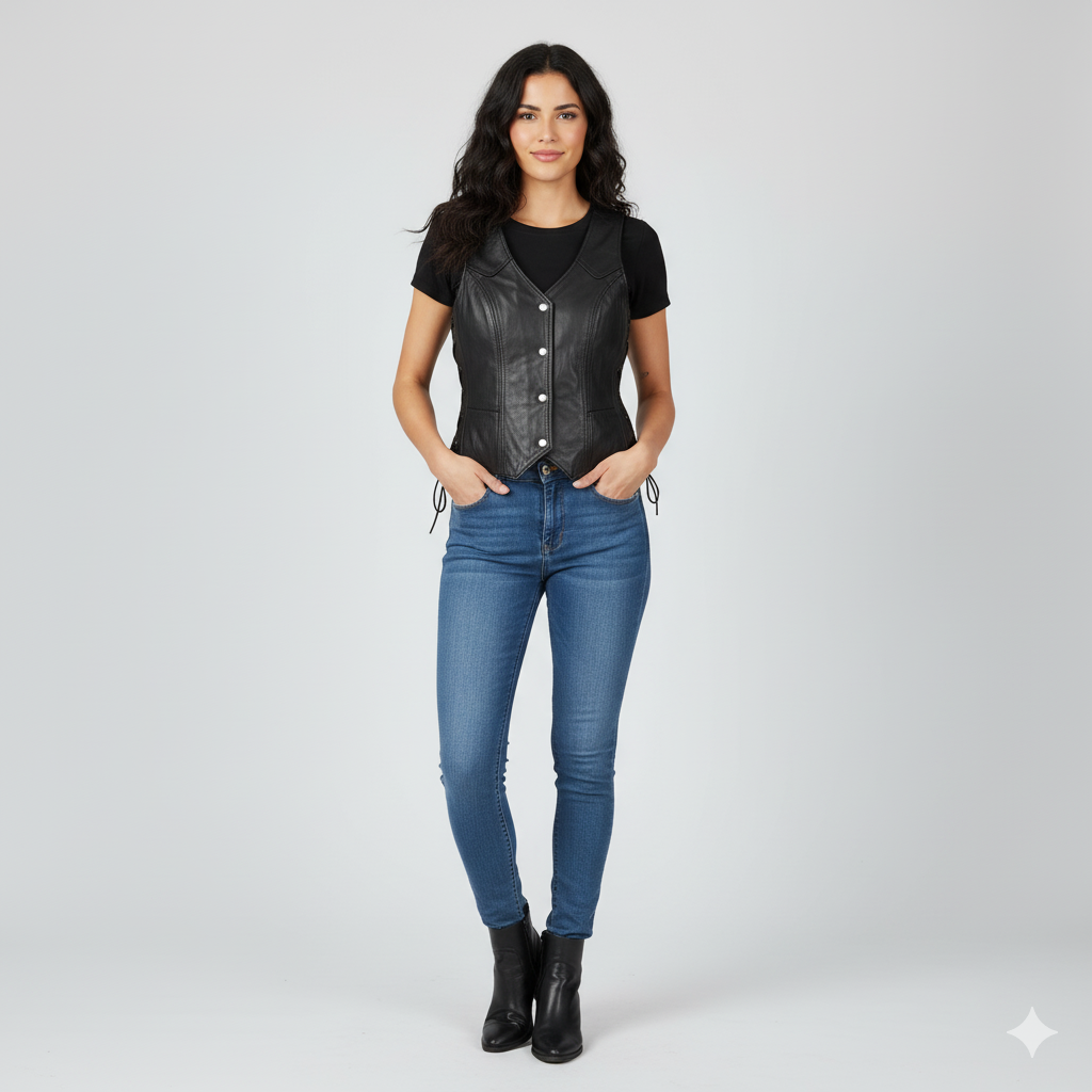 Women's black leather button-front vest with a V-neckline and adjustable lacing detail on the sides.