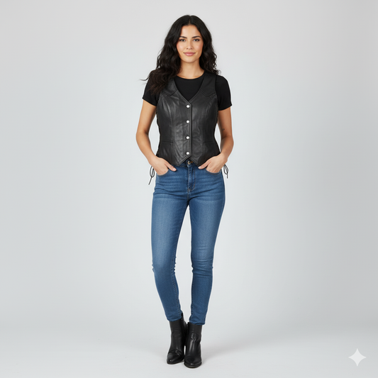 Women's black leather button-front vest with a V-neckline and adjustable lacing detail on the sides.