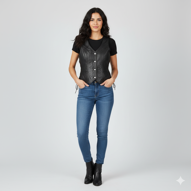 Women's black leather button-front vest with a V-neckline and adjustable lacing detail on the sides.