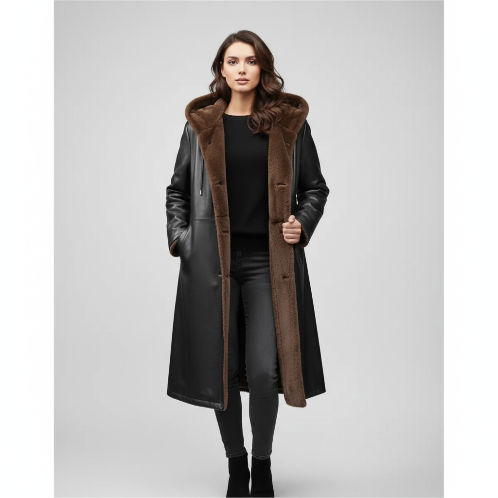 Women's black leather longline parka with a brown shearling-lined hood and interior.