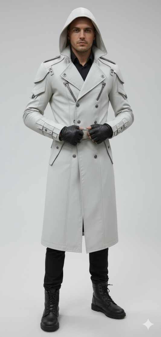 Men's alabaster white tactical hooded trench coat with sculpted shoulder armor and metallic zippers.