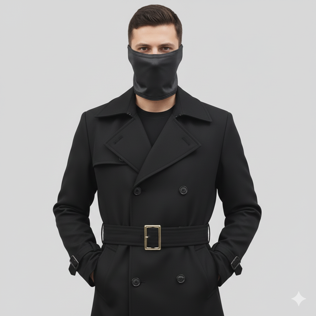 Longline black leather overcoat for men featuring oversized notch lapels and buckled wrist straps for a tailored fit.