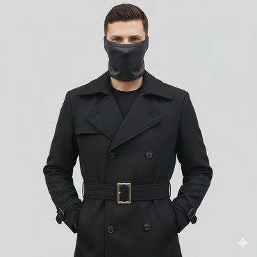 Longline black leather overcoat for men featuring oversized notch lapels and buckled wrist straps for a tailored fit.