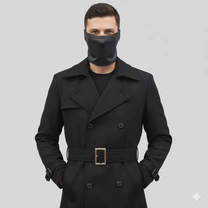 Longline black leather overcoat for men featuring oversized notch lapels and buckled wrist straps for a tailored fit.
