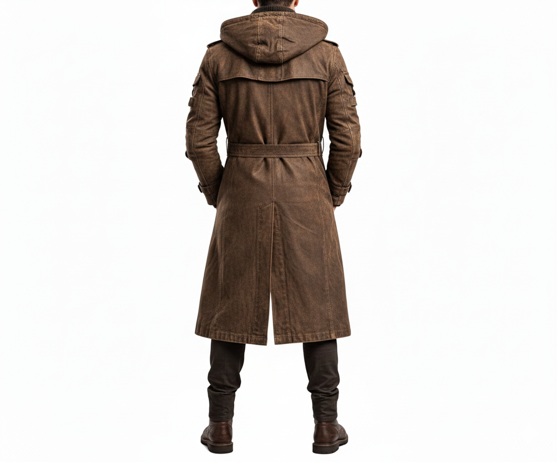 Close-up of the distressed brown finish and industrial cargo pockets on a premium men's tactical trench.