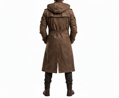 Close-up of the distressed brown finish and industrial cargo pockets on a premium men's tactical trench.