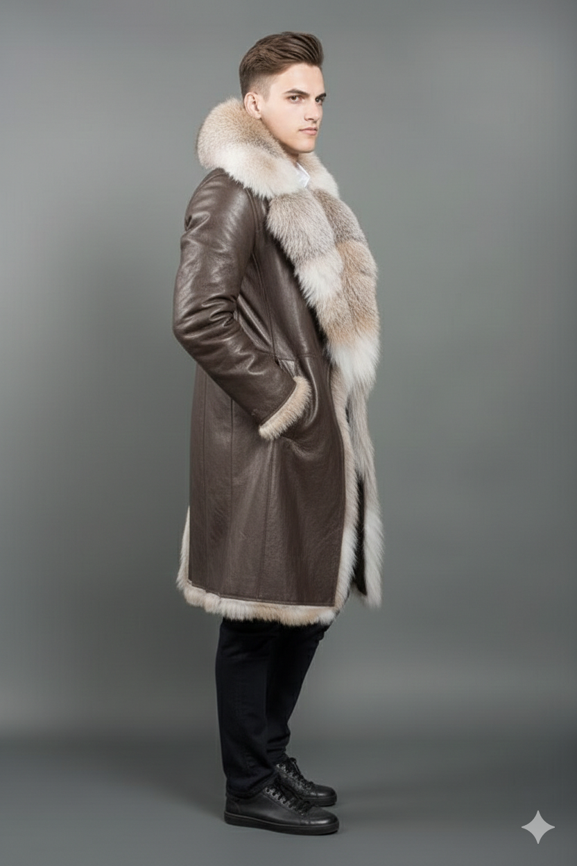 Male model wearing a luxury fur-lined leather trench coat