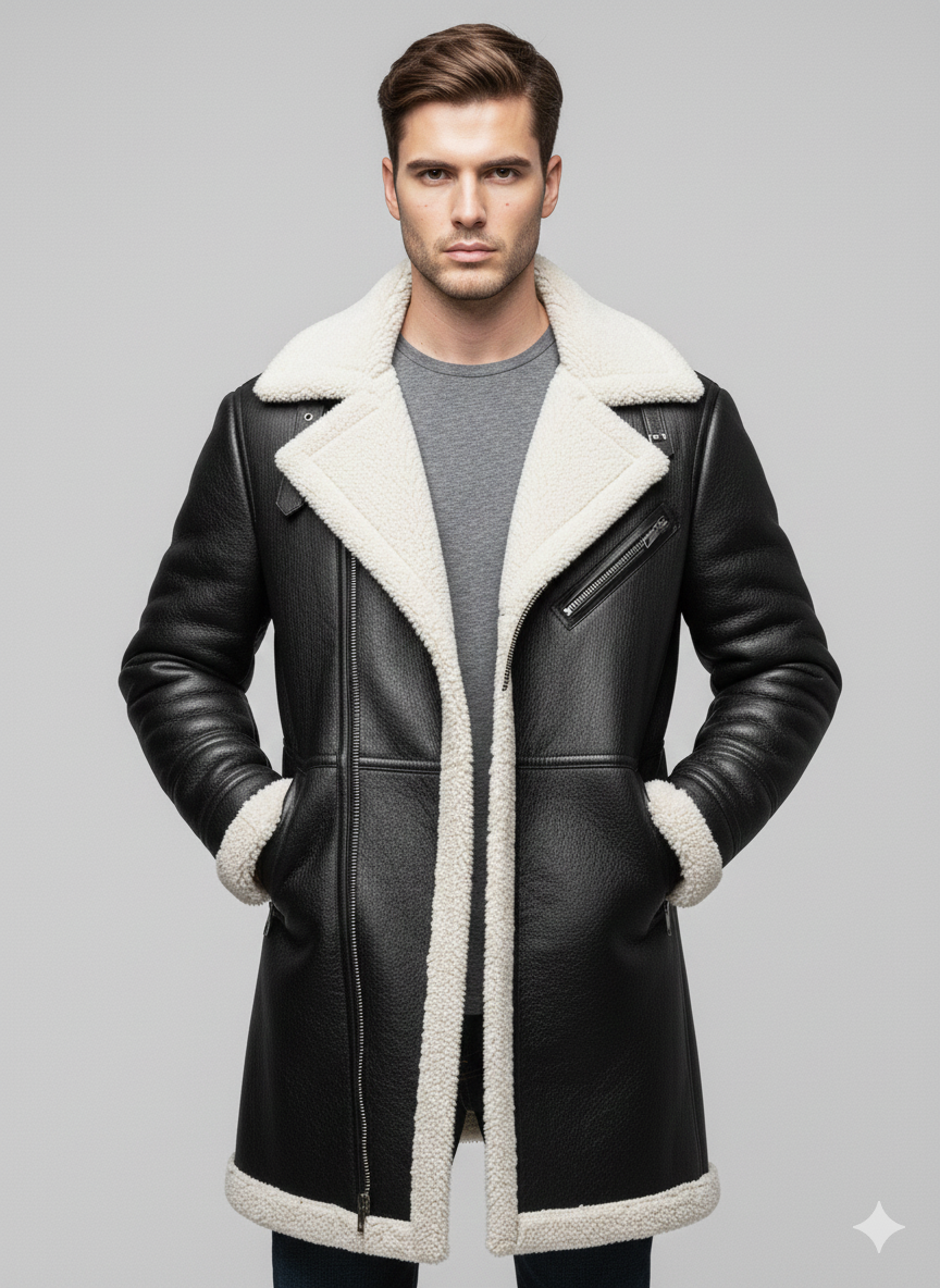 Longline black leather winter coat for men featuring oversized cream fur lapels and shearling-trimmed cuffs.
