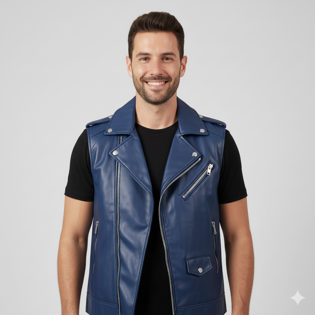 Full-length image of a man wearing a bright blue leather motorcycle-style vest over a black t-shirt and black jeans.