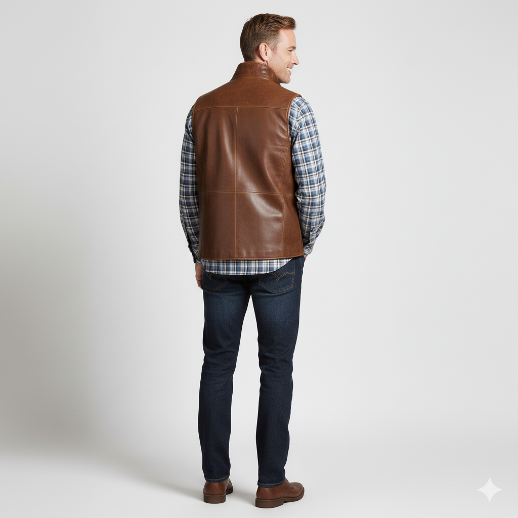leek, collarless brown leather vest featuring a full zip closure and silver-tone zippers.