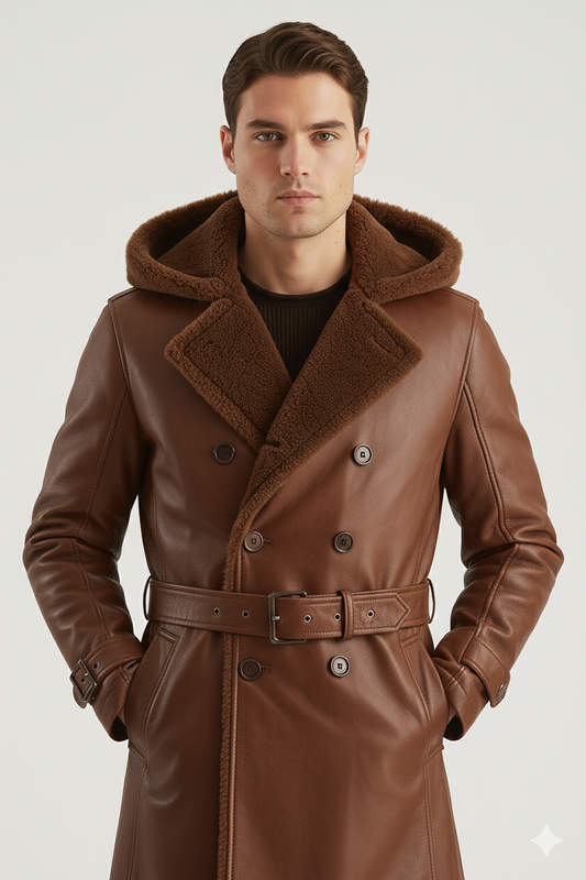 Double-breasted brown leather winter overcoat for men featuring a plush fur-lined hood and metallic buckle belt.