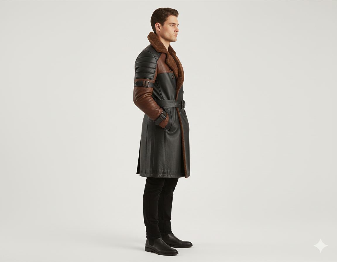 Male model wearing a luxury onyx black and cocoa brown shearling-lined leather trench coat.