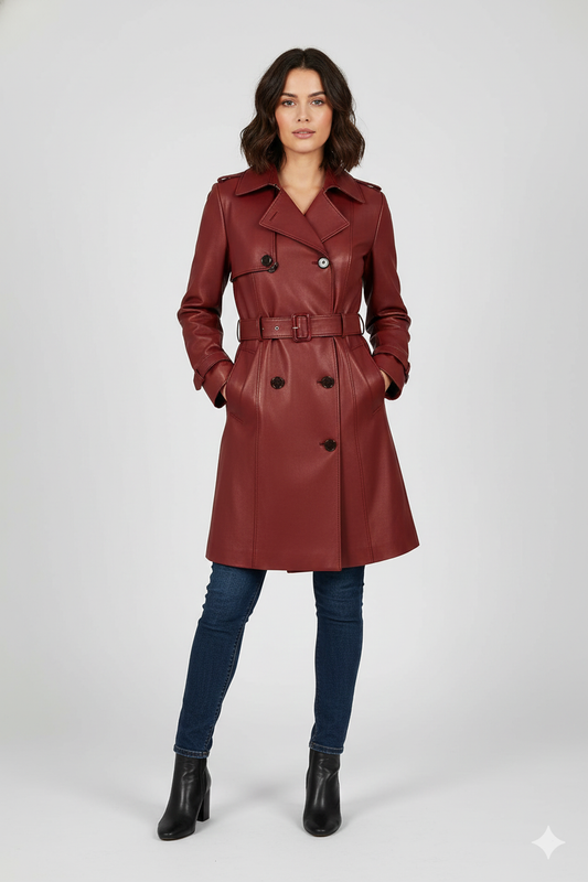 Women's burgundy leather trench coat with a double-breasted front and belted waist.