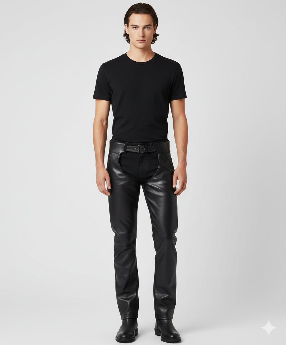 Men's obsidian black leather biker chaps with adjustable belted waist and open-seat protective design