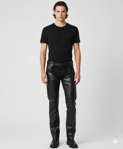 Men's obsidian black leather biker chaps with adjustable belted waist and open-seat protective design