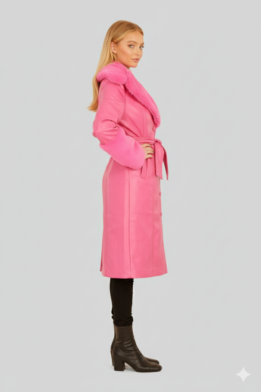 Model wearing a vibrant pink leather winter coat with a cinched belted waist and black ankle boots.