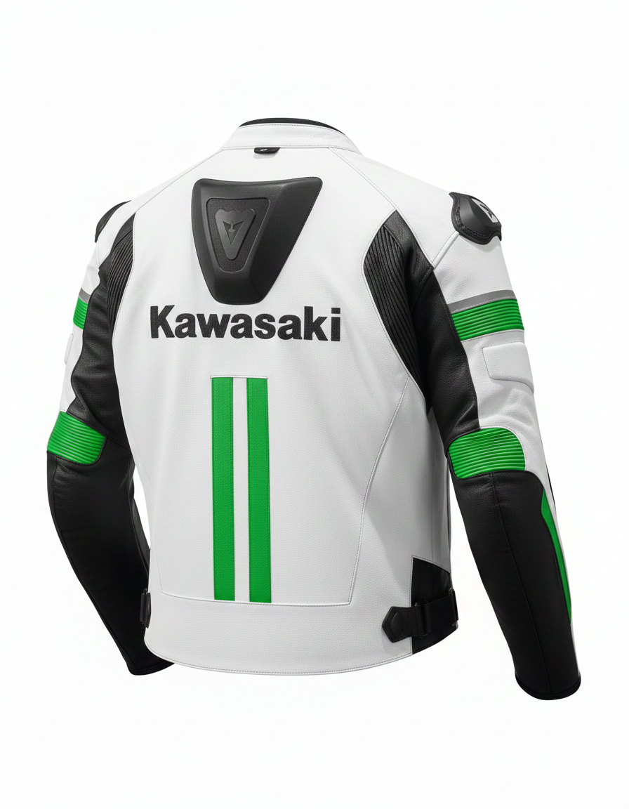 Detailed view of the Kawasaki chest branding, accordion stretch panels at the elbows, and external shoulder sliders on a professional jacket.