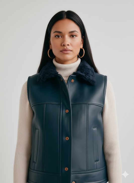 Full-length photo of a woman wearing a fitted navy vest over a cream turtleneck and medium-wash straight-leg jeans.