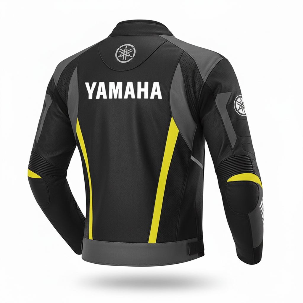 Detailed view of the Yamaha chest wordmark, tuning fork shoulder logos, and technical perforated leather on a black racing jacket.