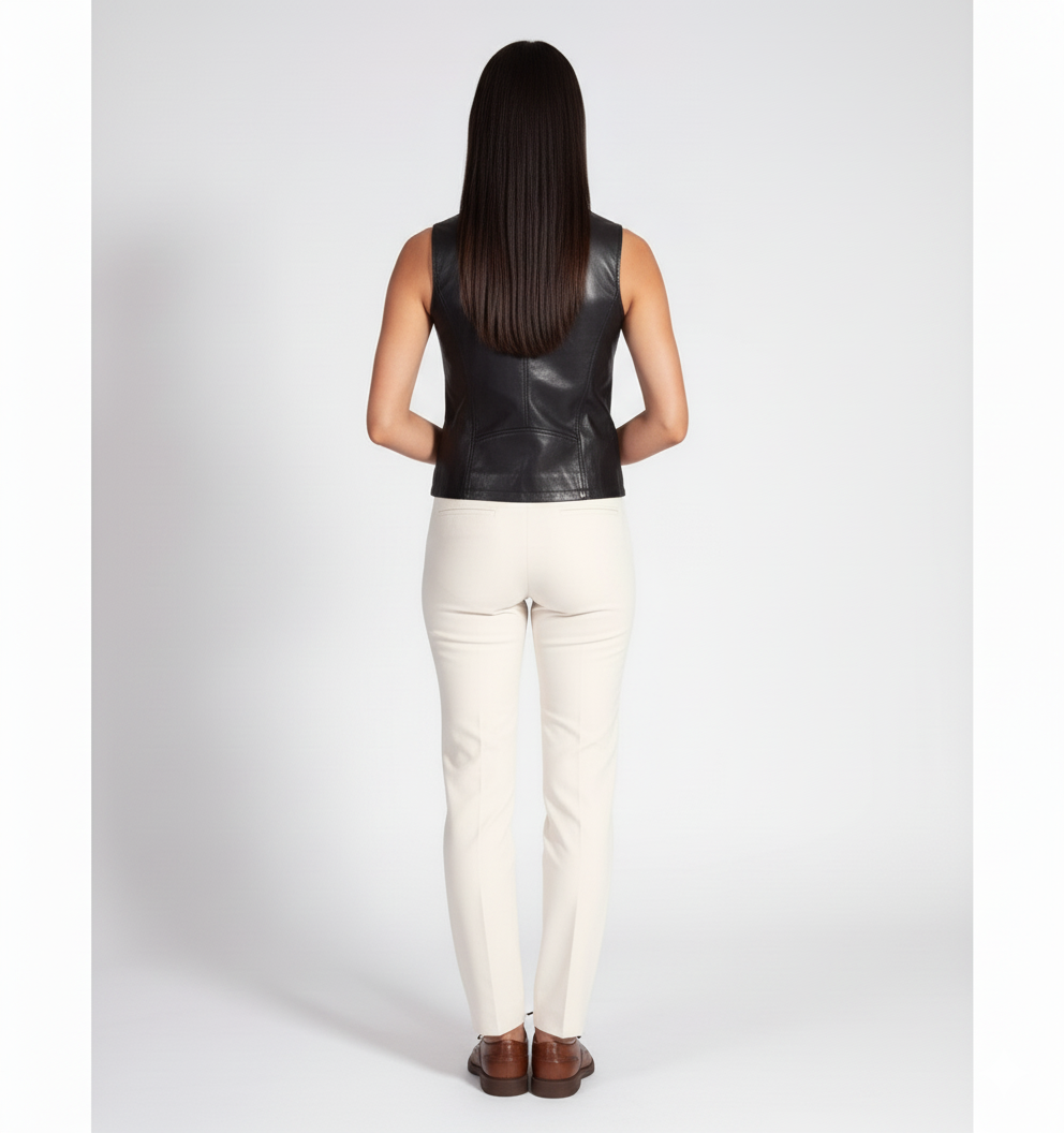 Sleeveless black leather motorcycle jacket style vest featuring silver hardware and a notch lapel.